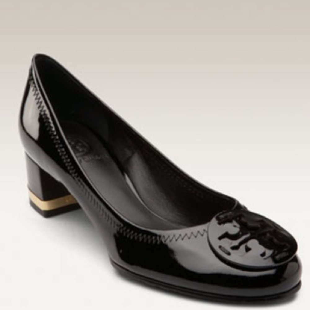 Tory Burch Black Patent Leather Mid Block Heel Pumps with Gold Trim
